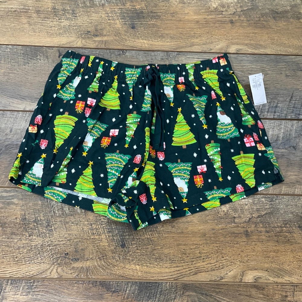 Old Navy Christmas Pajama Shorts Womens Small Green Santa Tree Cotton Sleep NWT